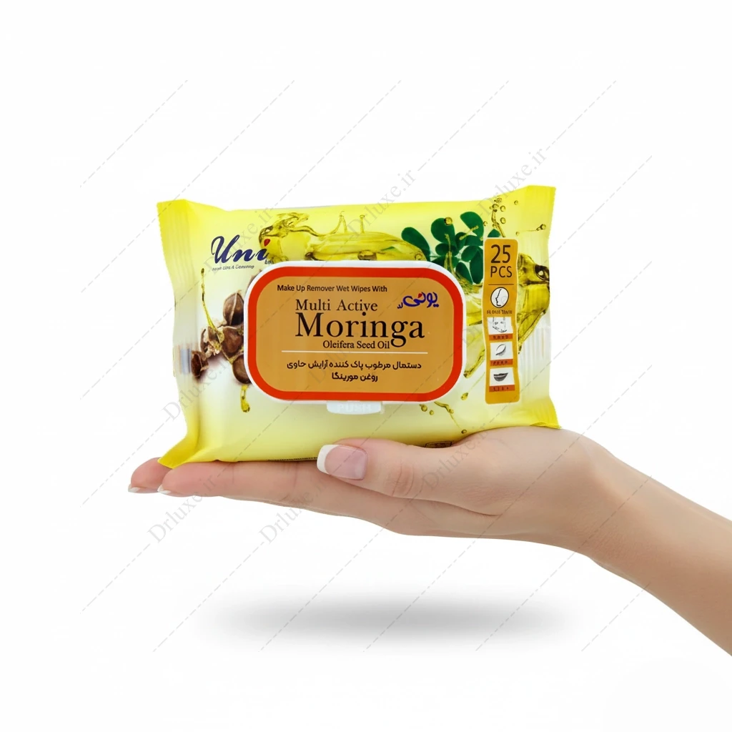 دستمال مرطوب پاک‌کننده آرایش یونی‌ لد حاوی روغن مورینگا 25 عدد