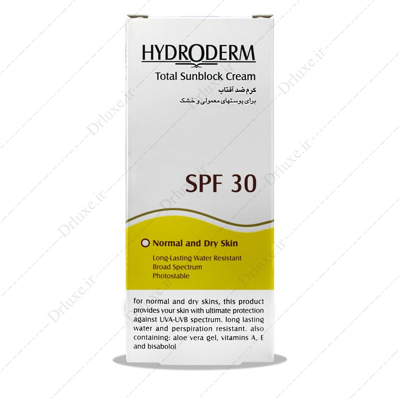 کرم ضد آفتاب هیدرودرم SPF 30 بی رنگ پوست معمولی و خشک 50 میلی لیتر